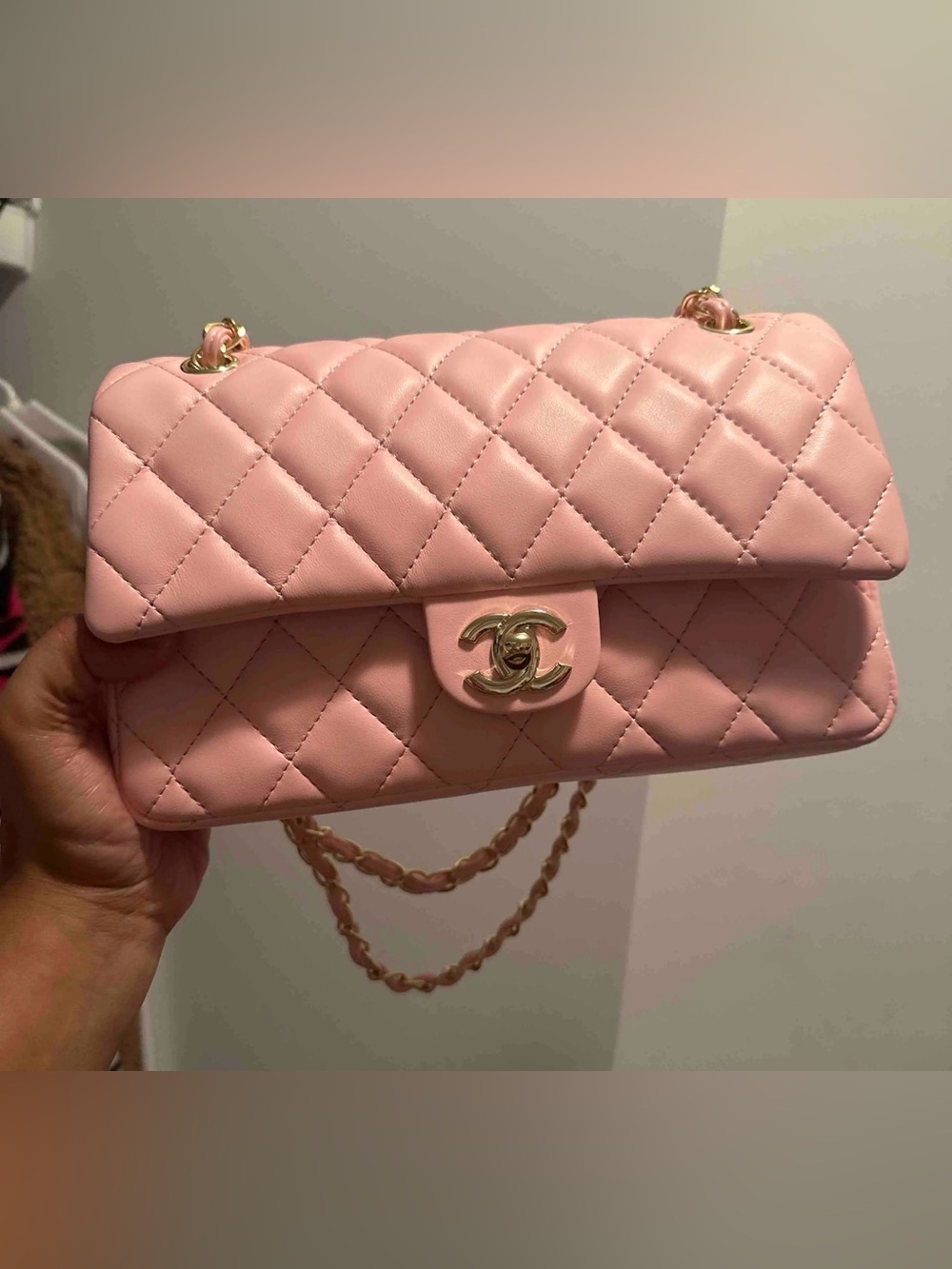 CHANEL Baby Pink Quilted Flap Shoulder Bag with Gold Hardware